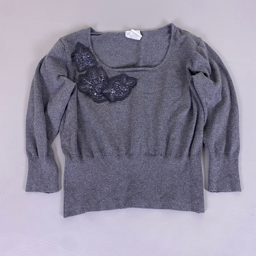 Vintage George‎ Sweater Women's XL 16/18 Gray Square Neck Beaded Floral Applique
